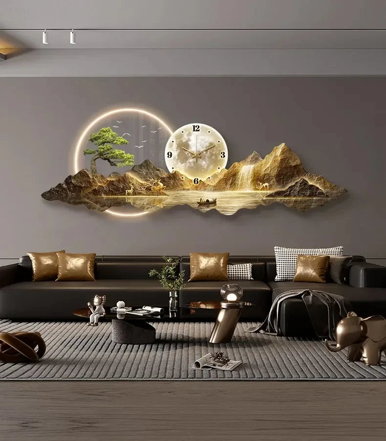 Luminous Cosmic Wall Clock — LED Art Decor with Lunar Mountain Design