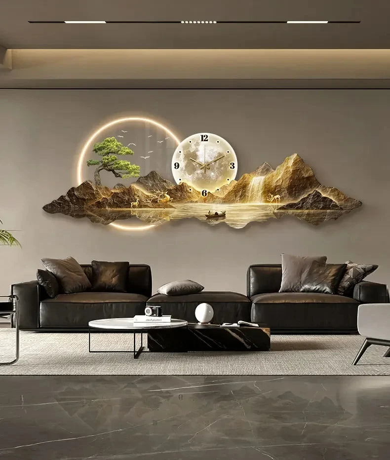 Luminous Cosmic Wall Clock — LED Art Decor with Lunar Mountain Design