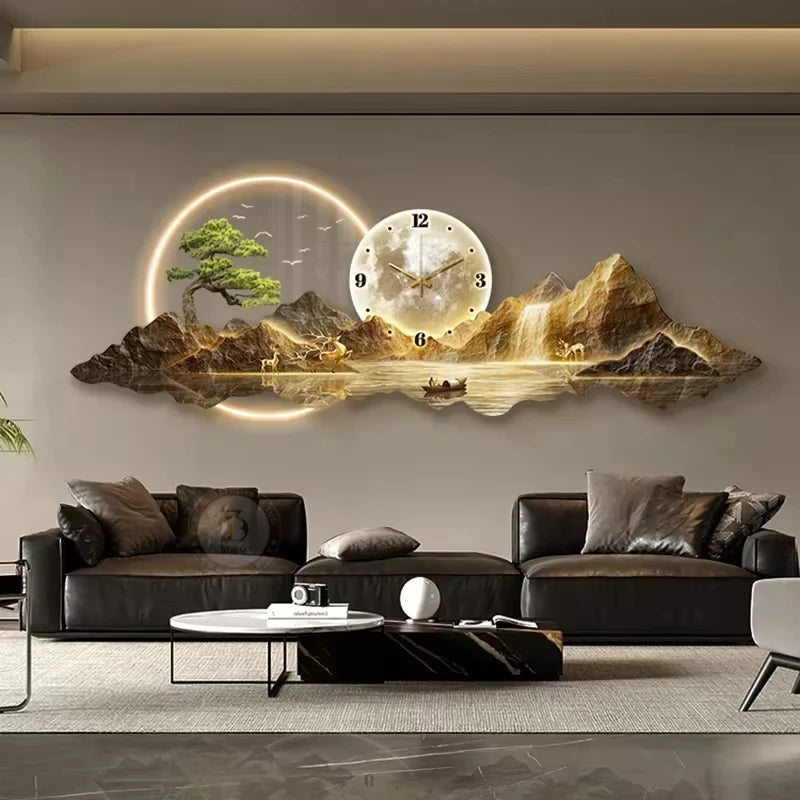 Luminous Cosmic Wall Clock — LED Art Decor with Lunar Mountain Design