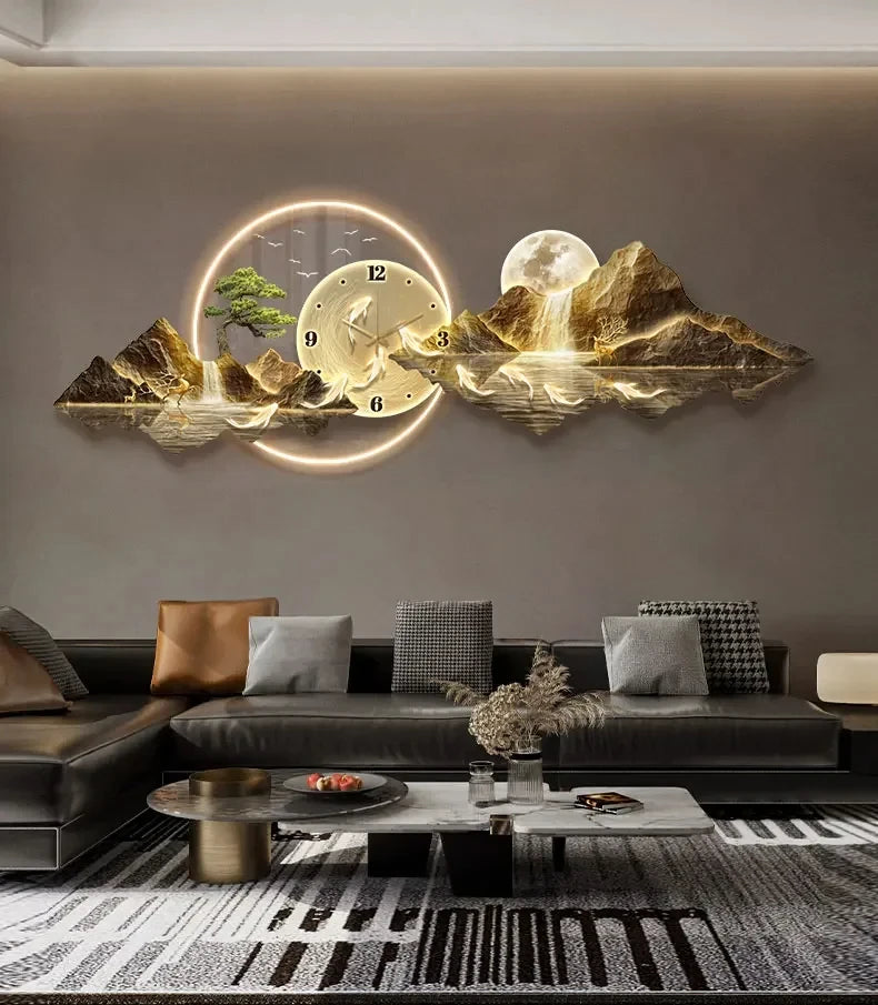 Luminous Cosmic Wall Clock — LED Art Decor with Lunar Mountain Design