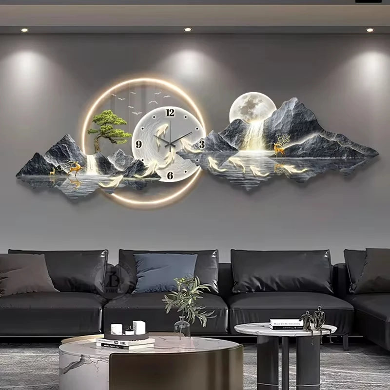 Luminous Cosmic Wall Clock — LED Art Decor with Lunar Mountain Design