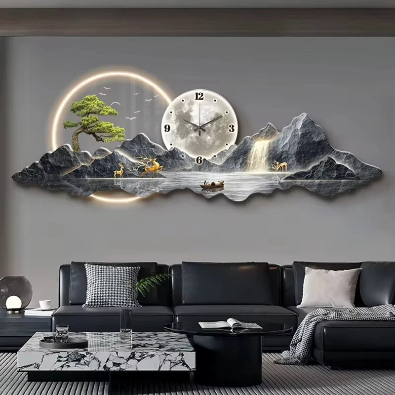 Luminous Cosmic Wall Clock — LED Art Decor with Lunar Mountain Design