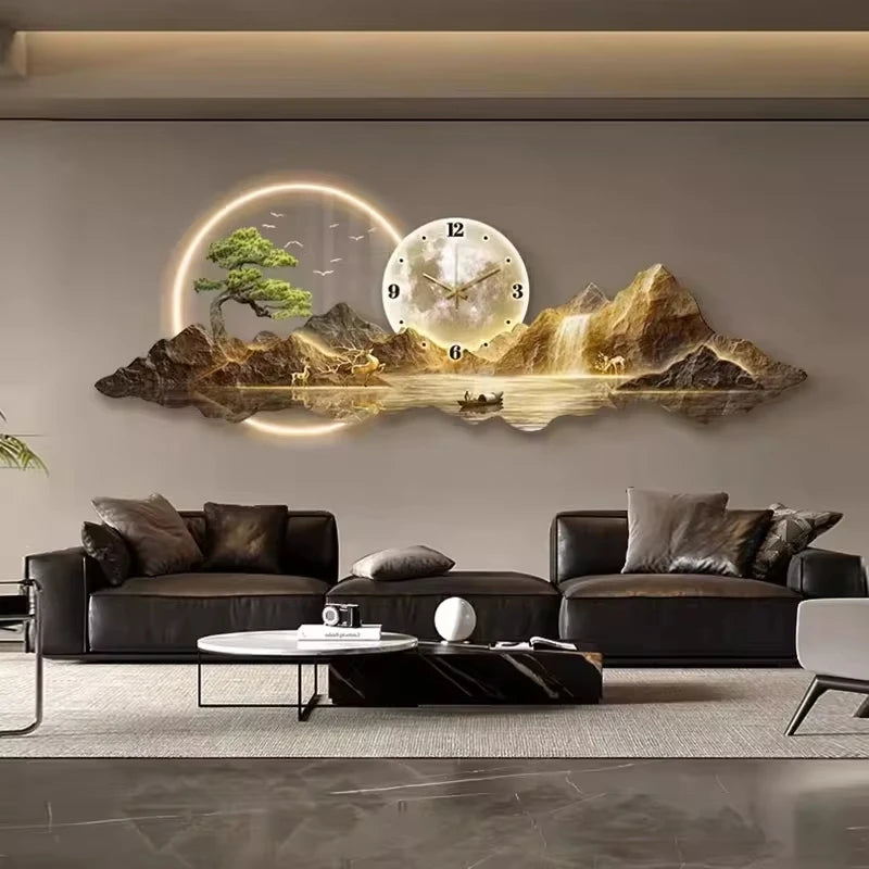 Luminous Cosmic Wall Clock — LED Art Decor with Lunar Mountain Design