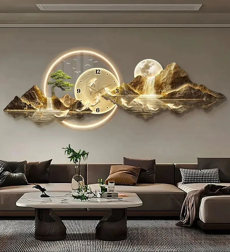 Luminous Cosmic Wall Clock — LED Art Decor with Lunar Mountain Design
