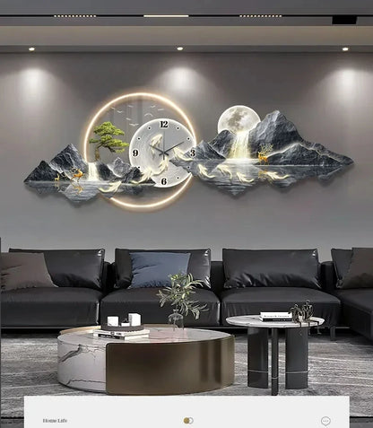 Luminous Cosmic Wall Clock — LED Art Decor with Lunar Mountain Design