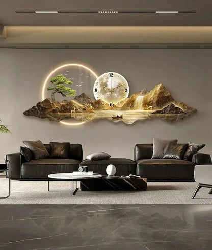 Luminous Cosmic Wall Clock — LED Art Decor with Lunar Mountain Design