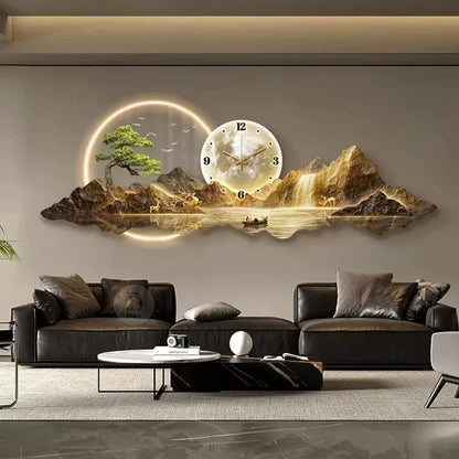 Luminous Cosmic Wall Clock — LED Art Decor with Lunar Mountain Design