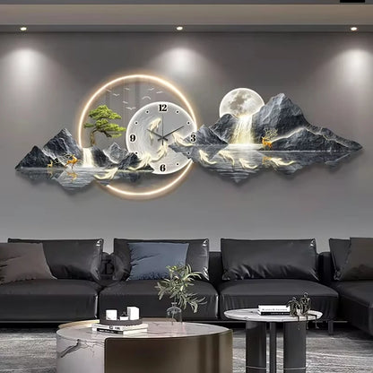 Luminous Cosmic Wall Clock — LED Art Decor with Lunar Mountain Design