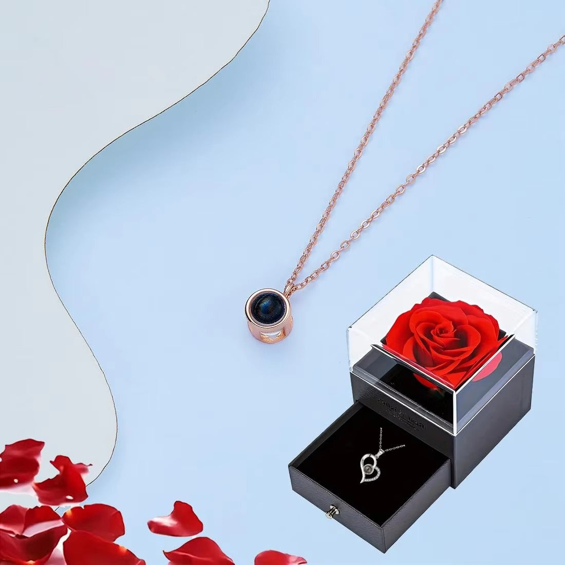 Preserved Rose Gift Box with 100 Languages Projection Necklace