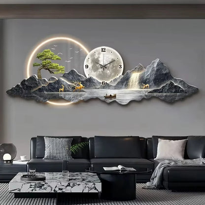 Luminous Cosmic Wall Clock — LED Art Decor with Lunar Mountain Design
