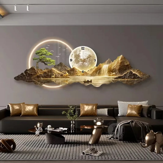 Luminous Cosmic Wall Clock — LED Art Decor with Lunar Mountain Design