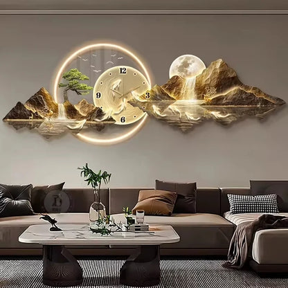Luminous Cosmic Wall Clock — LED Art Decor with Lunar Mountain Design