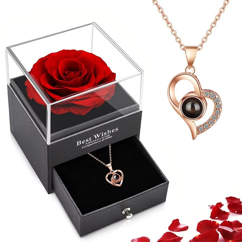 Preserved Rose Gift Box with 100 Languages Projection Necklace