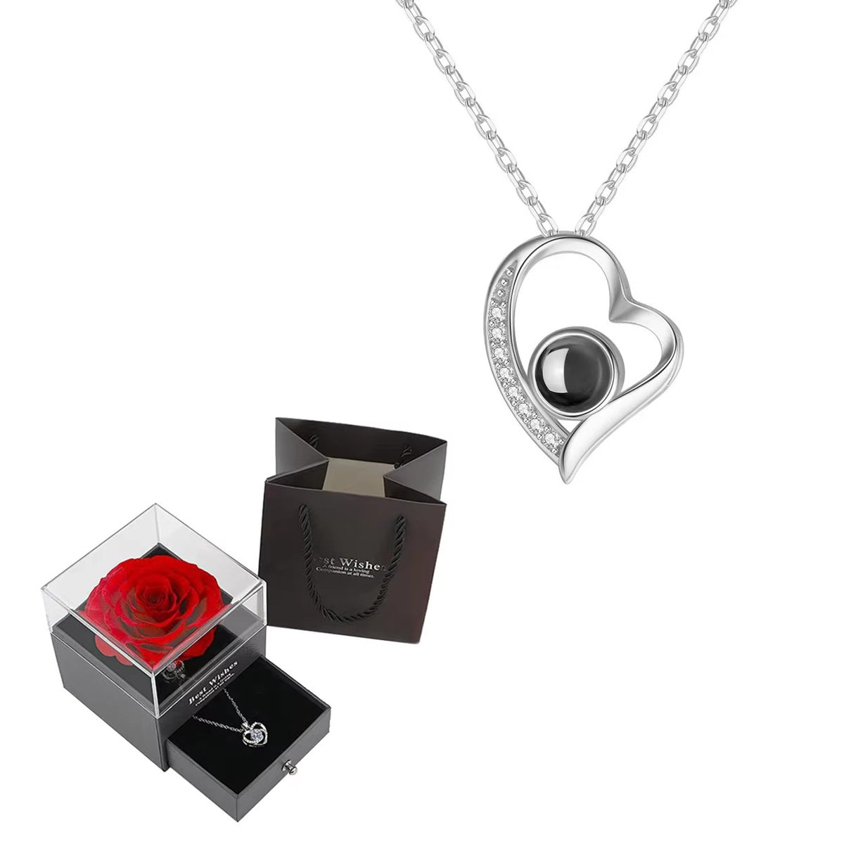 Preserved Rose Gift Box with 100 Languages Projection Necklace